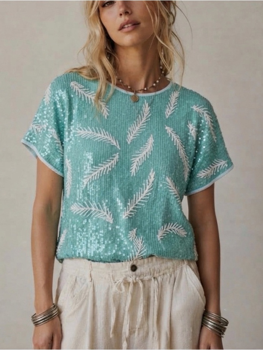 Vintage 80s Sequin Blouse Mint Green Size Medium Floral Leaf Design Silk